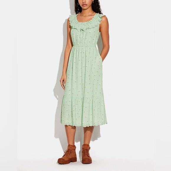 COACH Sleeveless Ruffle Midi Dress Mint Green Flowers 10 - Picture 1 of 5
